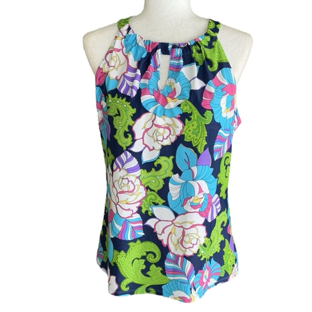 Jude Connally Claire Navy Blue Floral Print Cutout Halter Tank Top - L